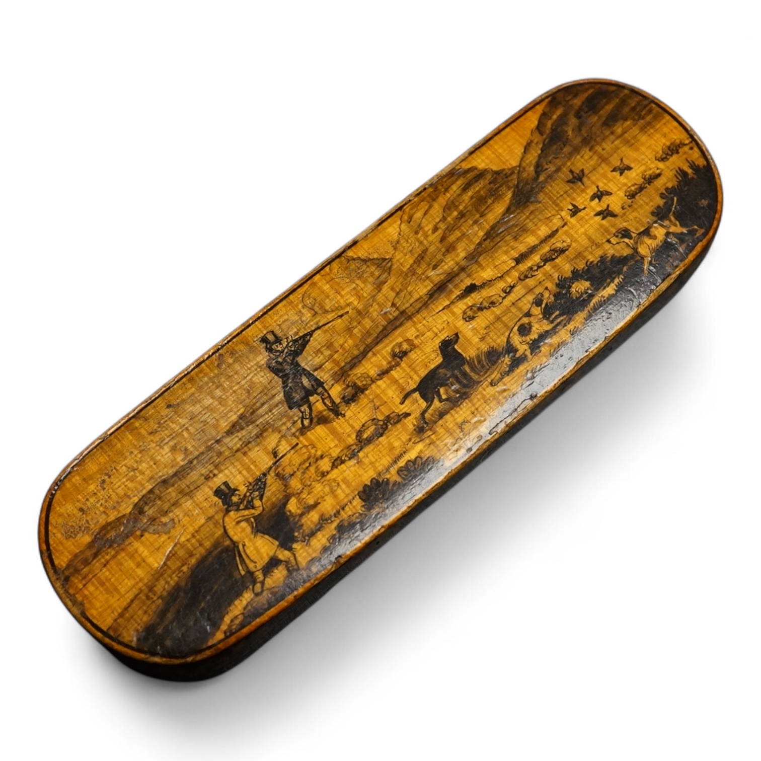 An early Mauchline ware penwork 'hunting' toothpick case, 7cm in length